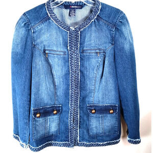 Woman's Jacket Blue Denim 24/7 Size 14W with Braided Trim Snap Pockets Vintage